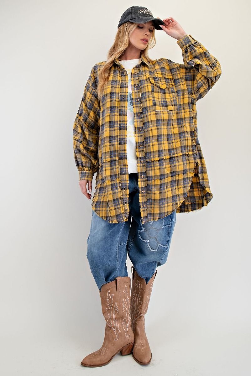 Yellow Plaid Frayed Long Flannel