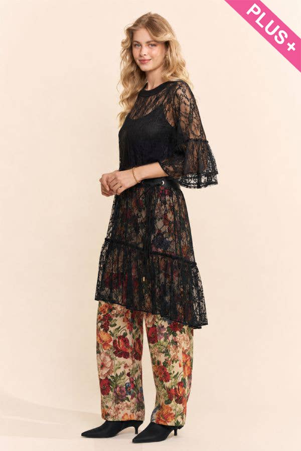 PT60110-PLUS SHEERED LACE TIERED SLEEVE FLOWY TUNIC TOP: Black / 1XL