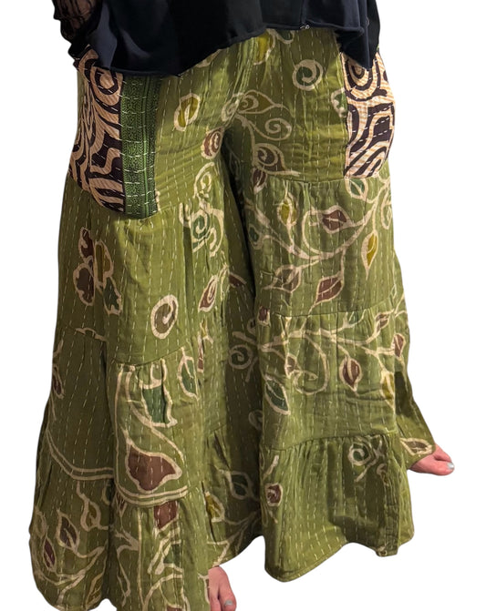 Rayleigh Kantha Flowy Tiered Reversible Palazzo Pant with Pockets: One Size Fits Size 6-16