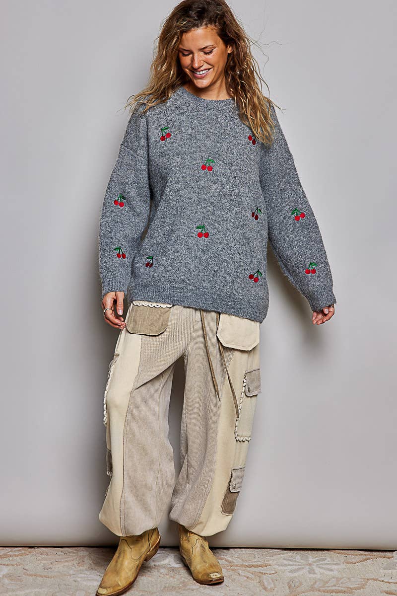 Vintage Cherry Embroidered Crew Neck Knit Oversize Sweater: GREY / OS