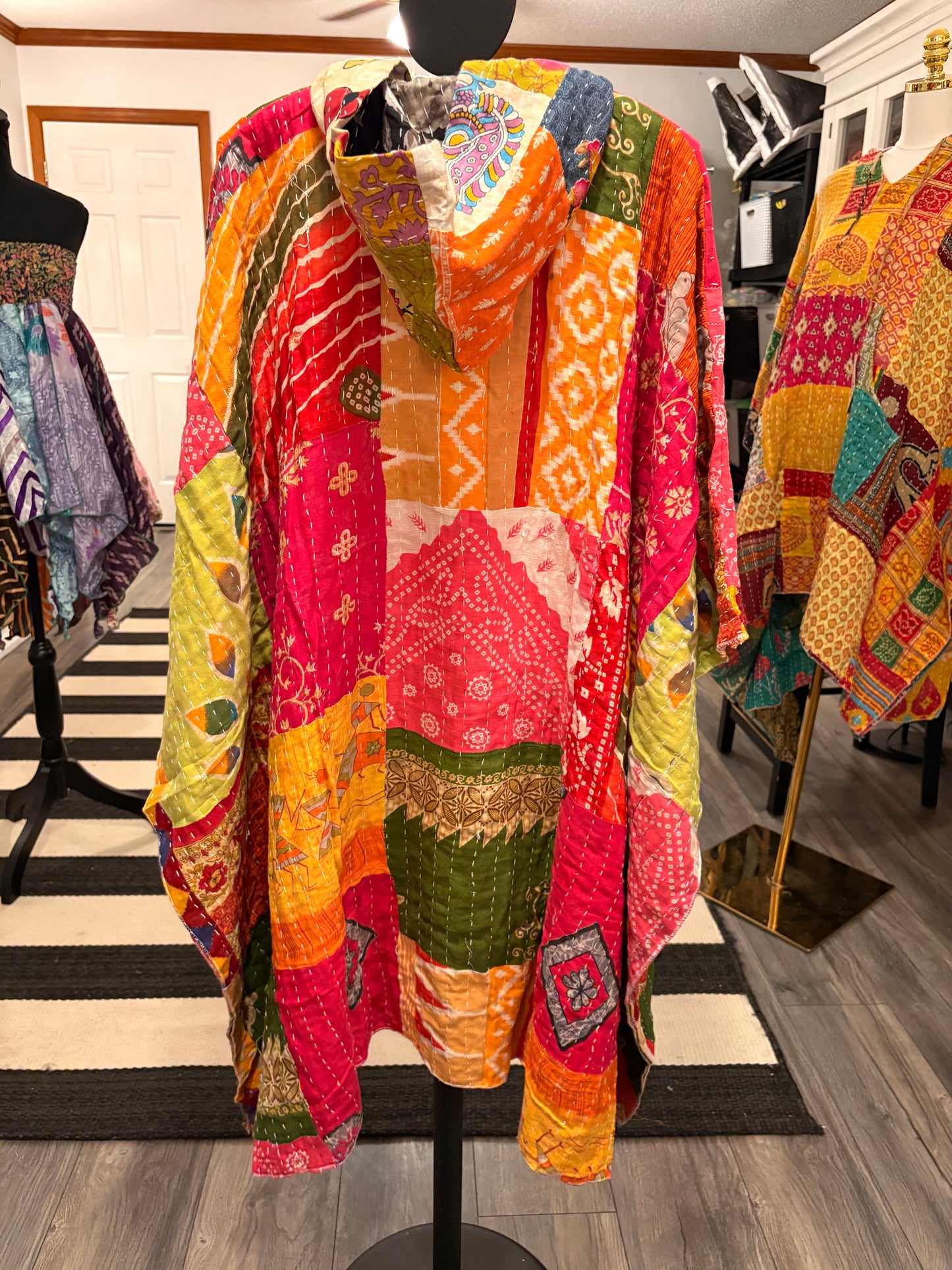 Hope Vintage Kantha Fabric Hood Oversized Poncho Top Dress One Size Fits Most
