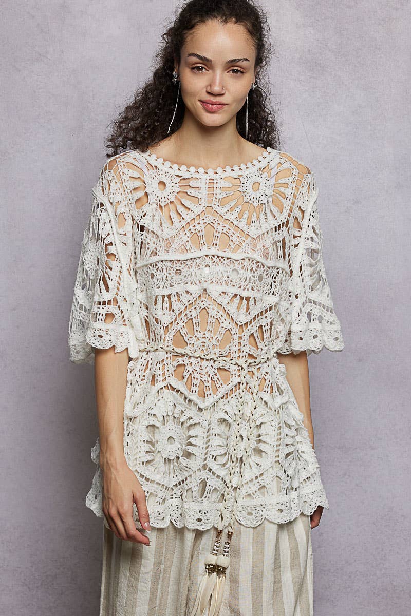 Round Neck Weaving Pattern Crochet half sleeve Top: Black / One Size Fits a Small to XXL
