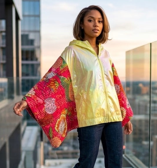 Electric Nights Upcycled Kantha Poncho One Size fits a Small to 3X