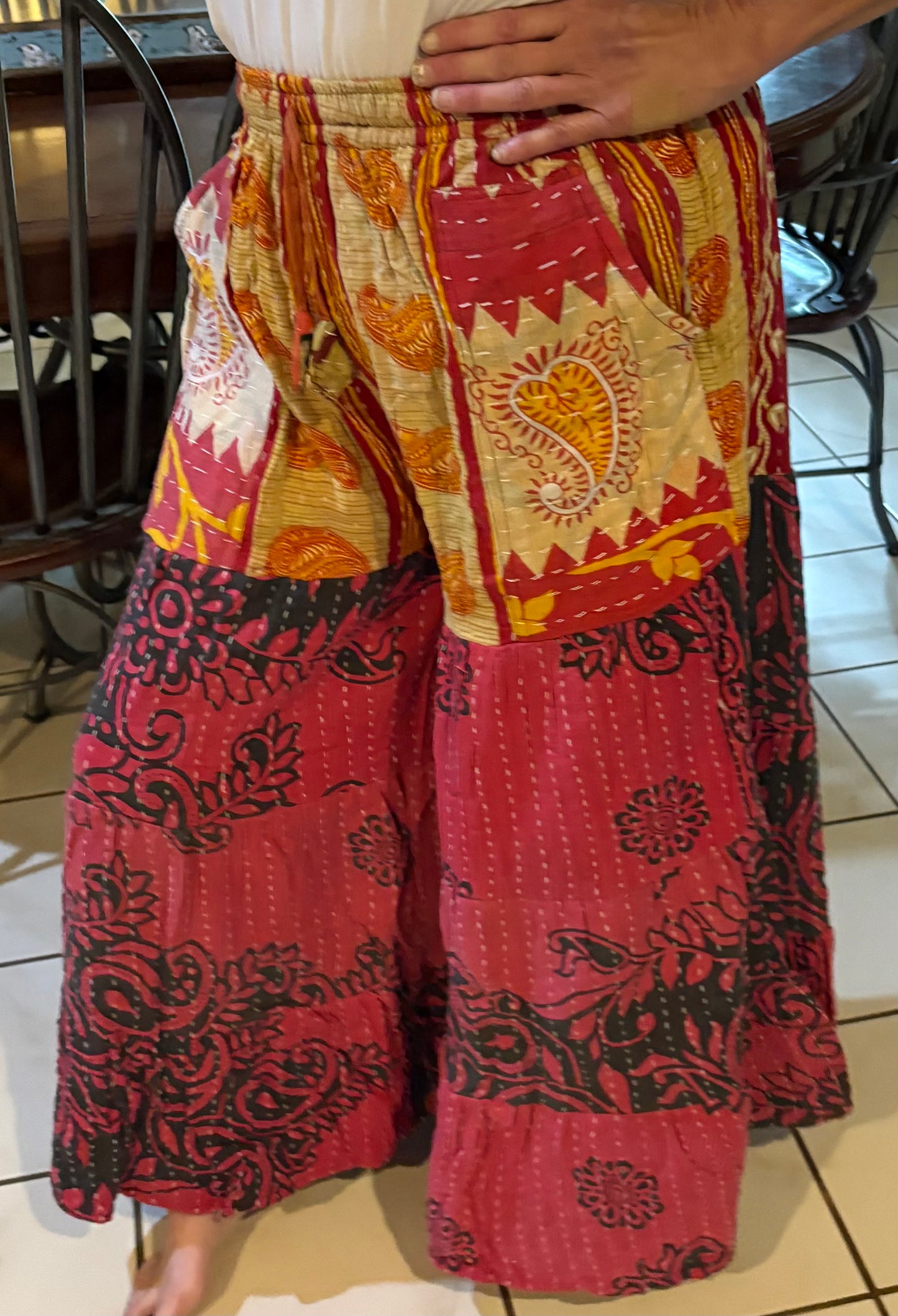 Kantha Flowy Tiered Reversible Palazzo Pant with Pockets: One Size Fits Size 6-16