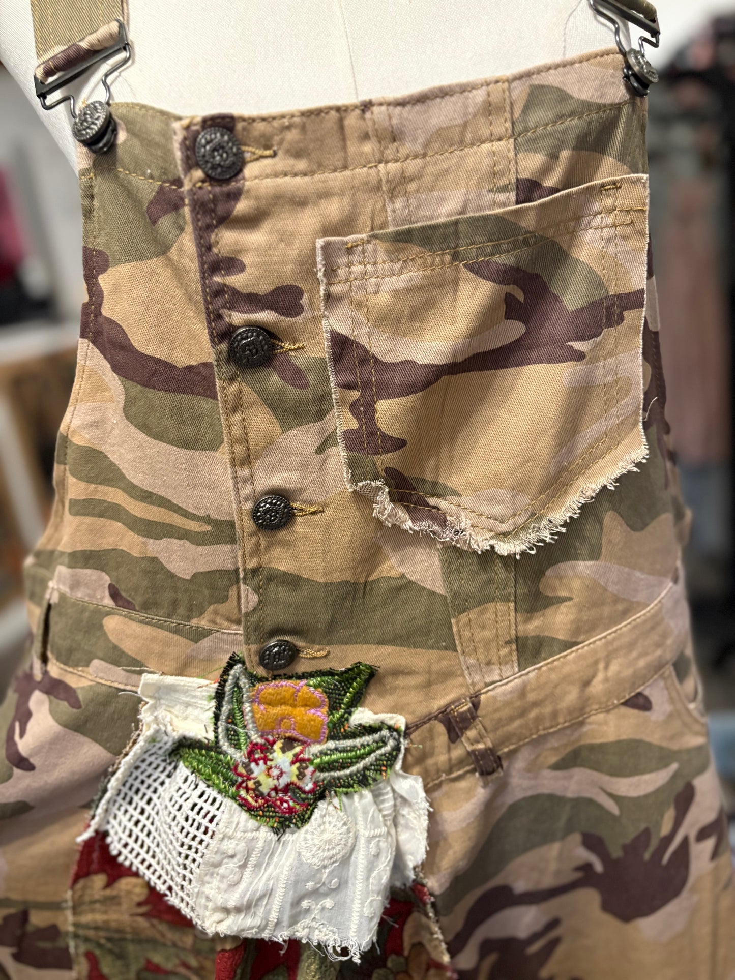 Floral Camo Upcycled Patchwork Overall Dress One Size Fits a Small to XL