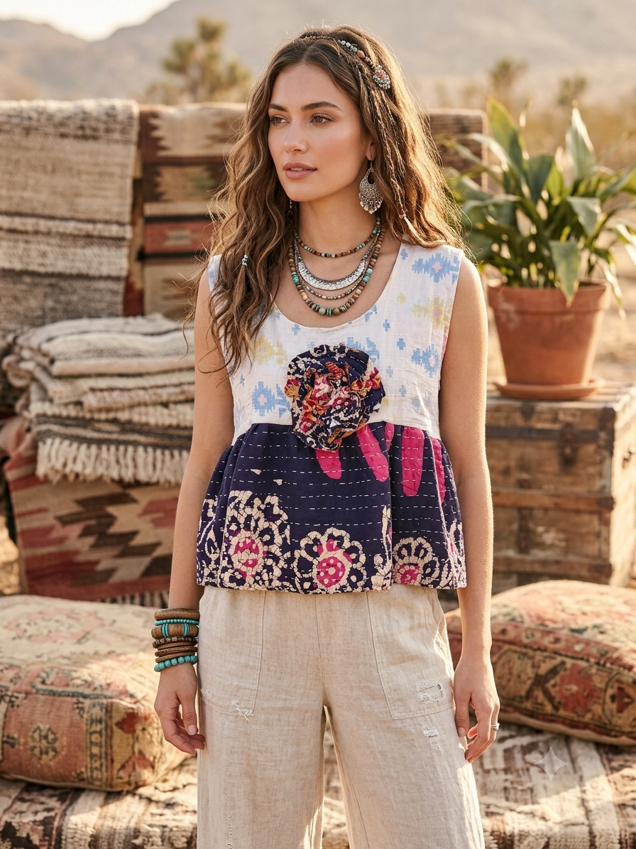 Emma Vintage Kantha Cabbage Rose Top One Size Fits a Small to XL