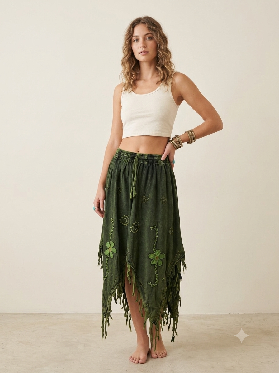 Green Fairy Cotton Hippie Handmade Floral Embroidered Stone Washed Fringe Skirt One Size Fits Small to XL
