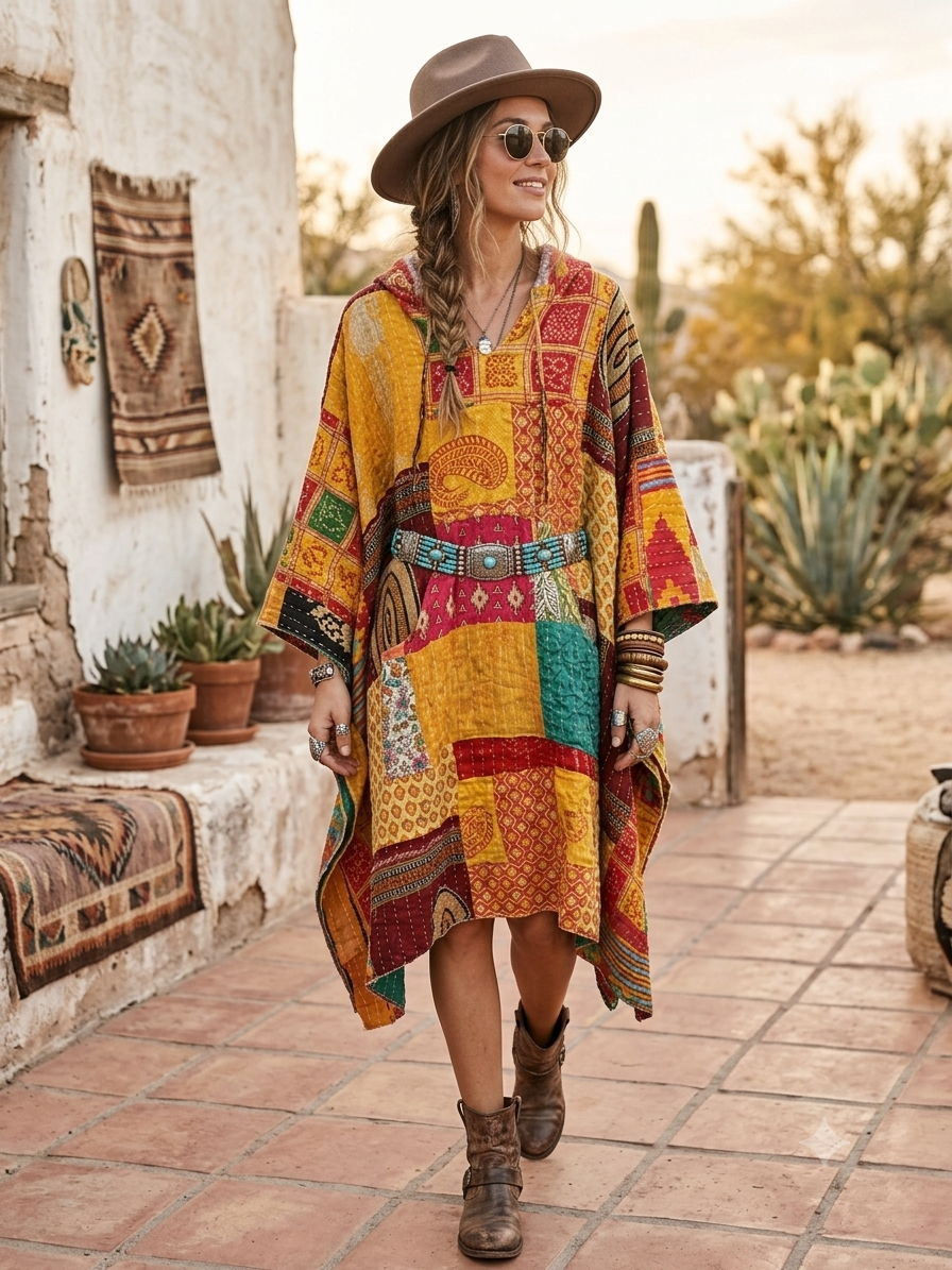 Patience Vintage Kantha Fabric Hood Oversized Poncho Top Dress One Size Fits Most
