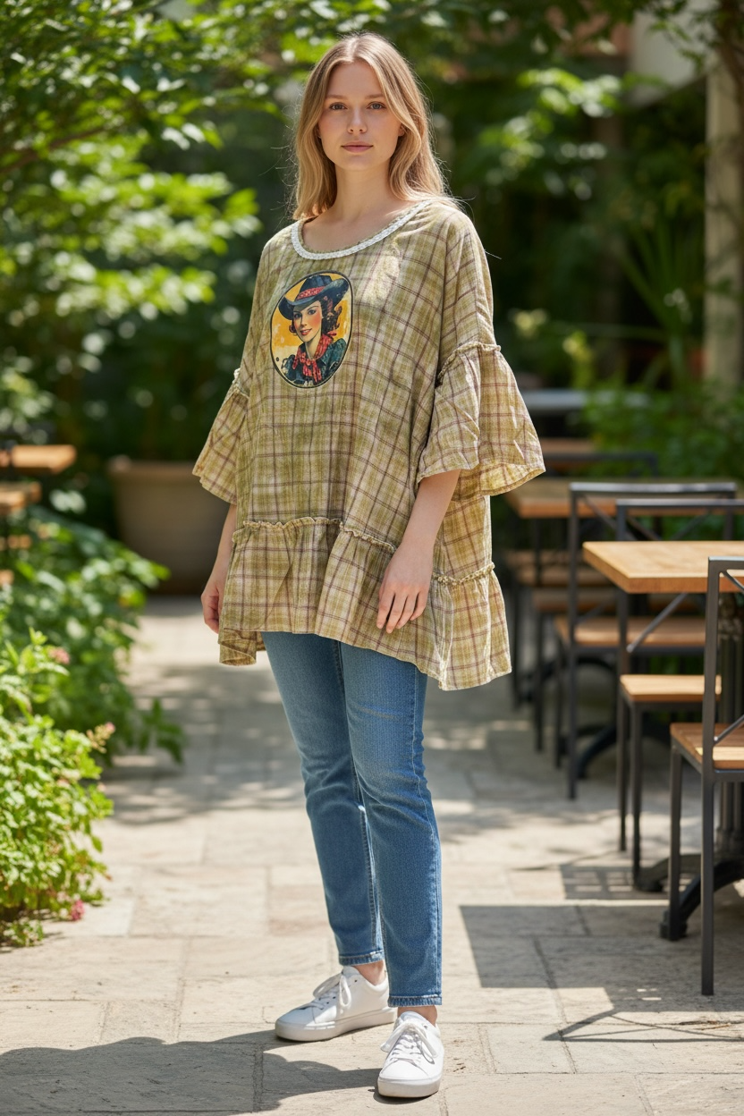 Prairie Girl Upcycled Ruffle Plaid Top OVERSIZED Fits a 2-3X