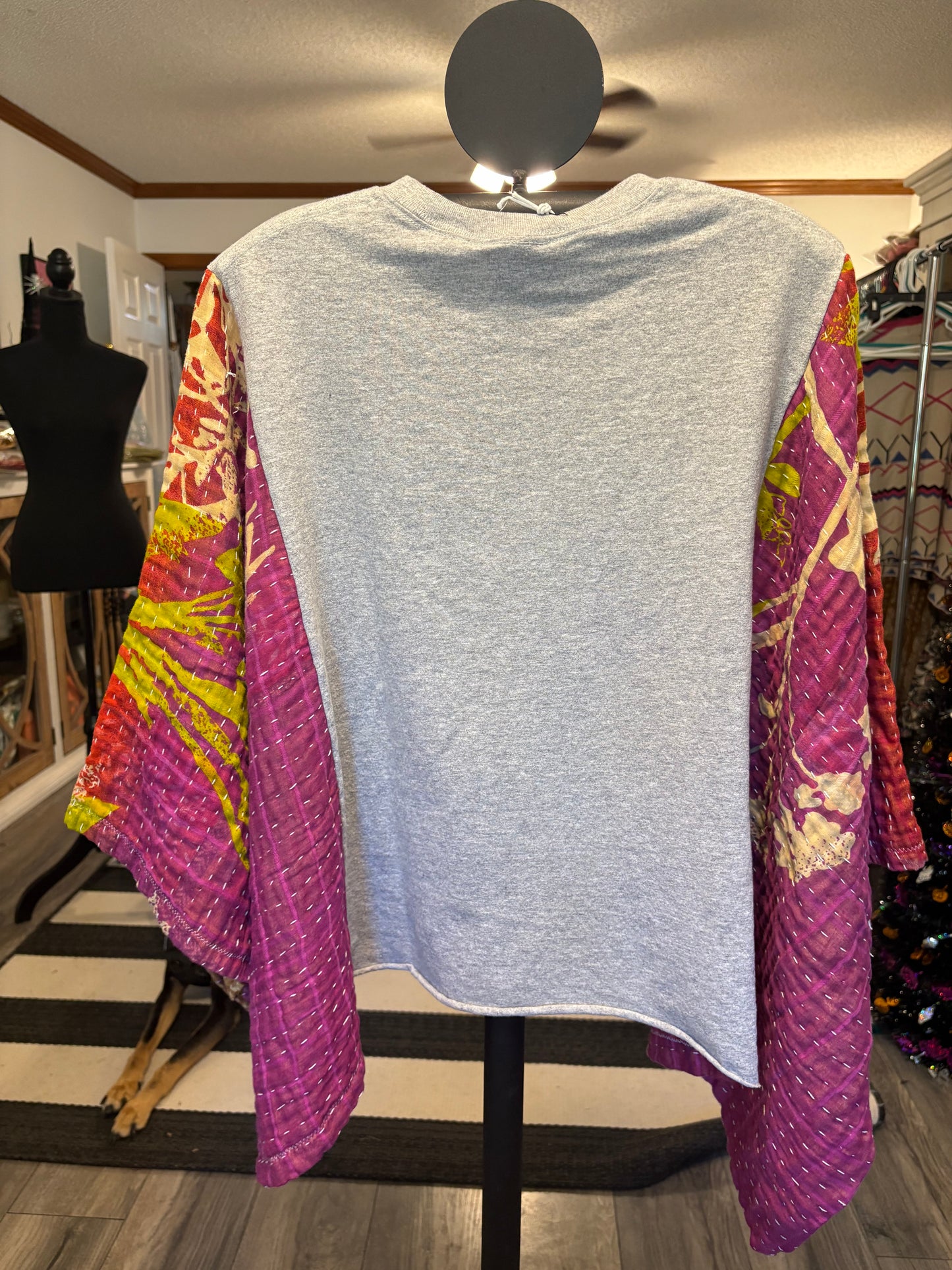 Holly Jolly Upcycled Vintage Kantha Poncho Tee Fits A Small to Large