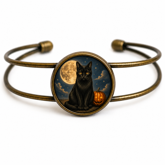 Black Cat & Pumpkin Halloween Cuff Bracelet