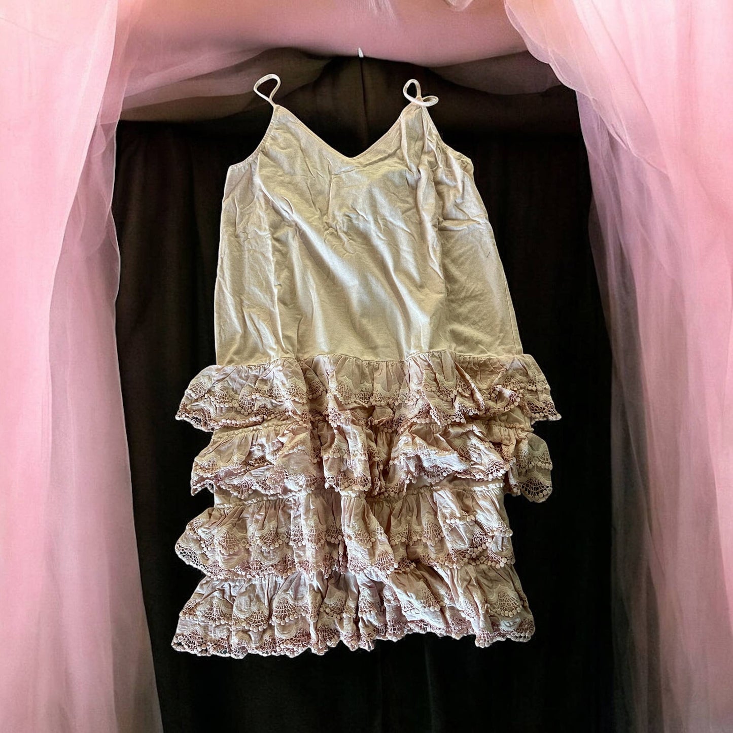 Pink Distressed Ruffle Slip Dress: Lxl