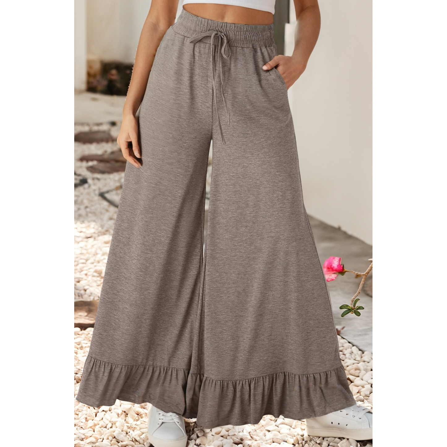 LDC Ruffled Wide Leg Pull On High Waist Pants: Black / S