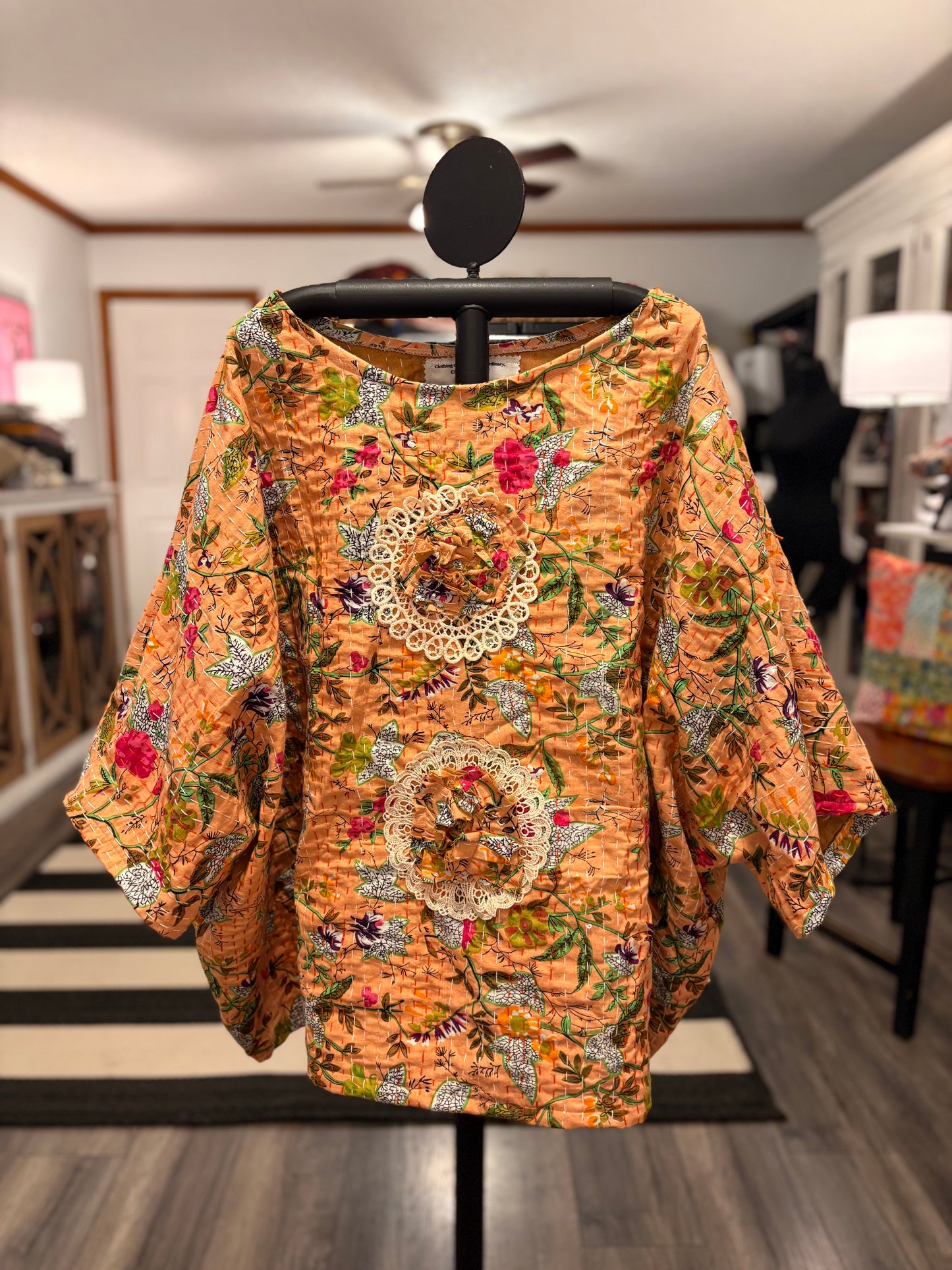 Meredith Cabbage Rose and Crochet Kantha Top One Size Fits a Small to 3X