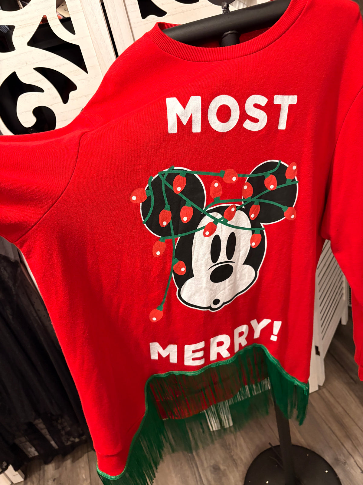 Most Merry Hi/Lo Glam Fringe Sweatshirt One Size Fits a Small to XL