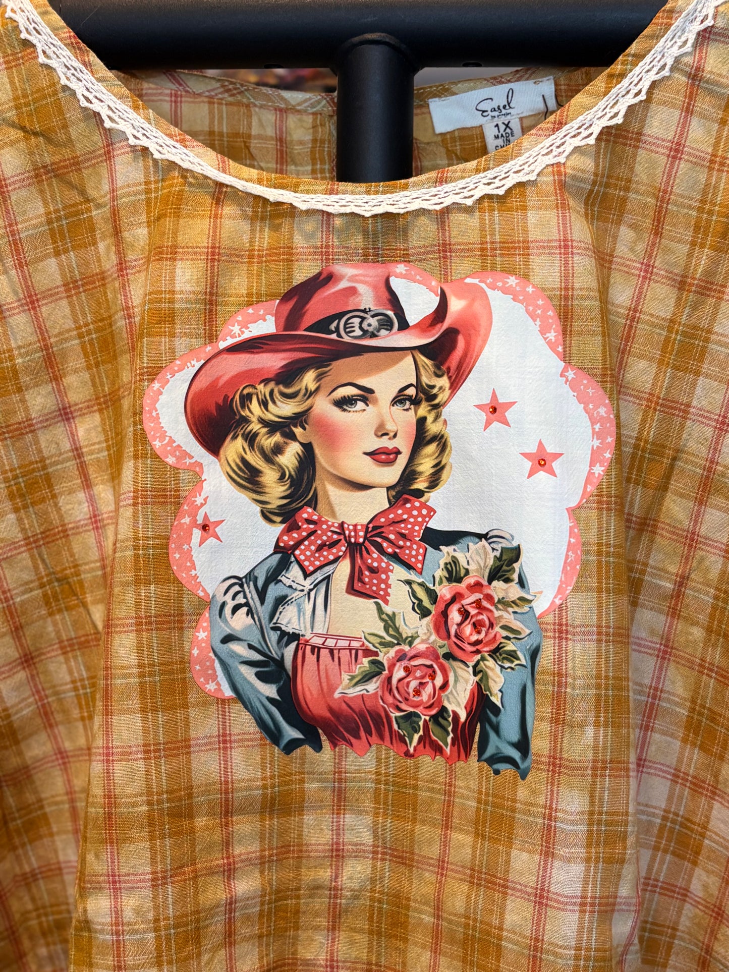 Rhinestone Cowgirl Upcycled Ruffle Plaid Top OVERSIZED Fits a 2-3X