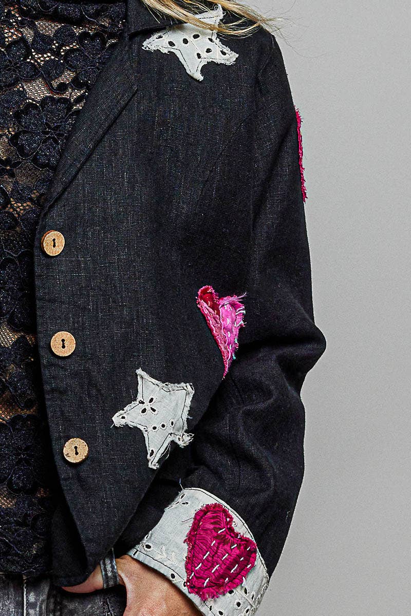 Notched Collar Star & Heart Applique Relaxed Blazer Jacket: Black
