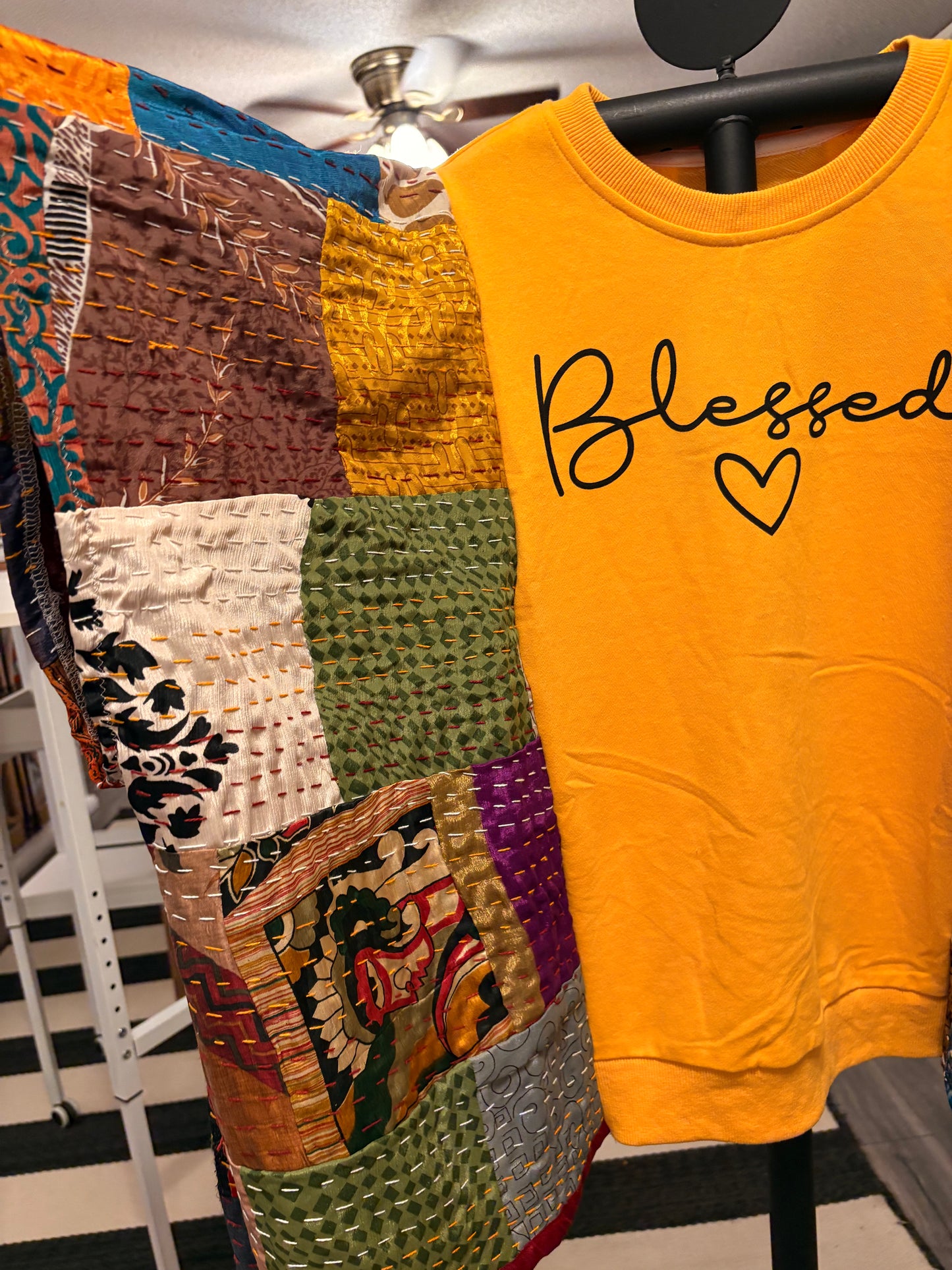 Blessed Upcycled Silk Patchwork Kantha Poncho One Size Fits a Small to 3X