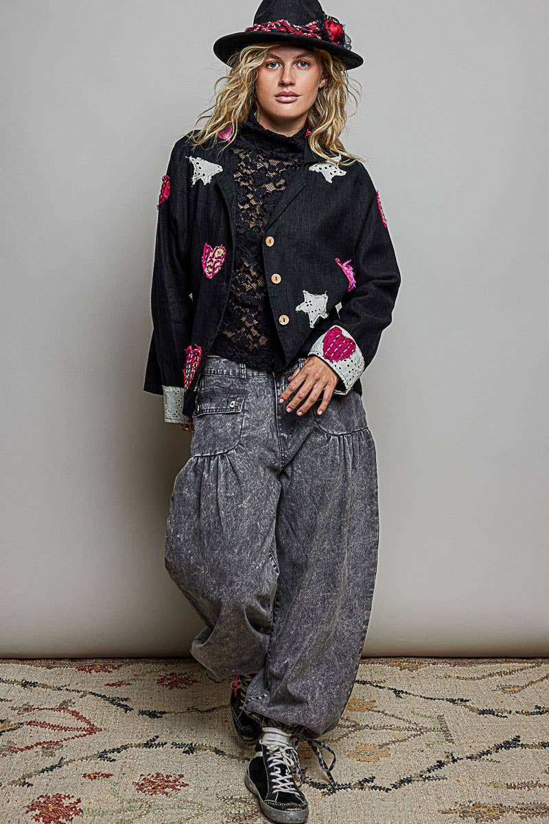 Notched Collar Star & Heart Applique Relaxed Blazer Jacket: Black