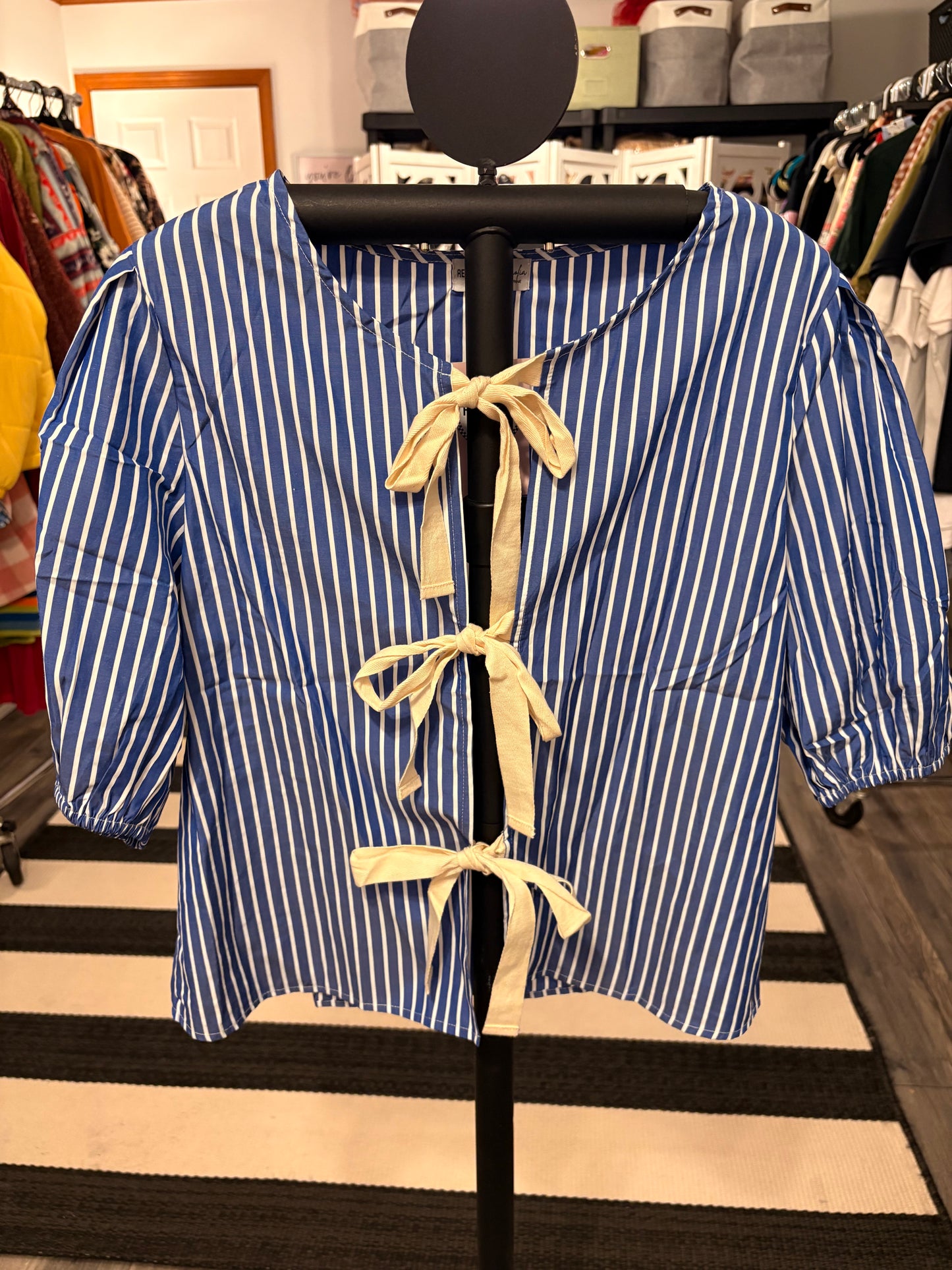Blue and White Striped Ribbon Tie Top Large