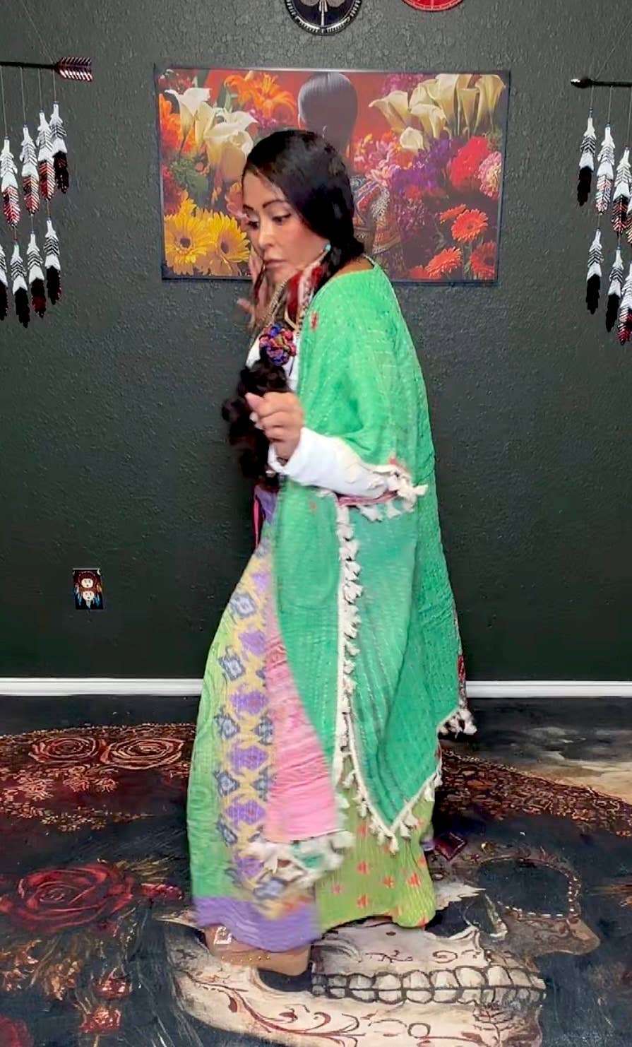 Short Sleeve Willow Fringe Kantha Kimono 1000-07