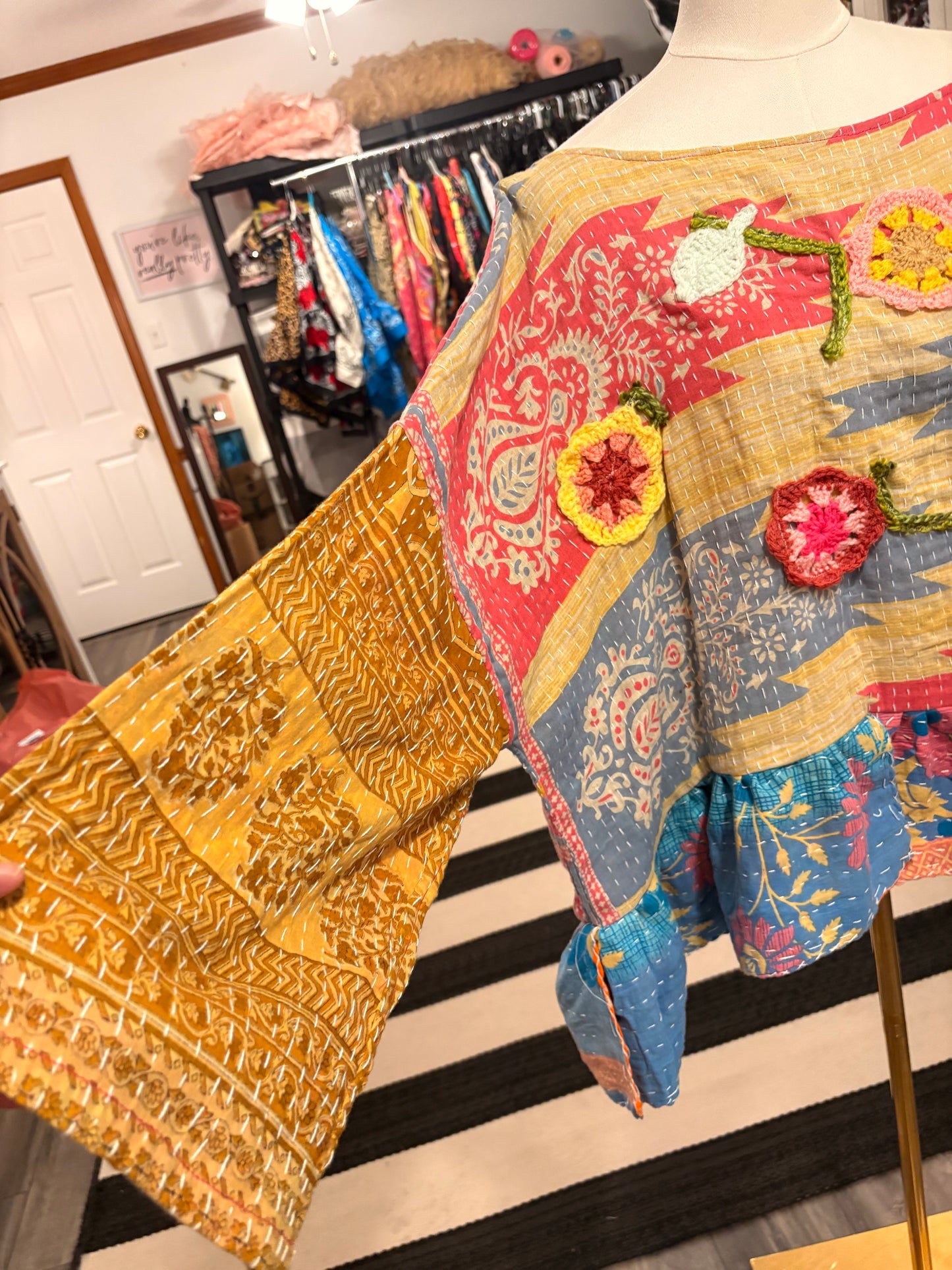 Crochet and Kantha Ruffled Hi/Lo Top