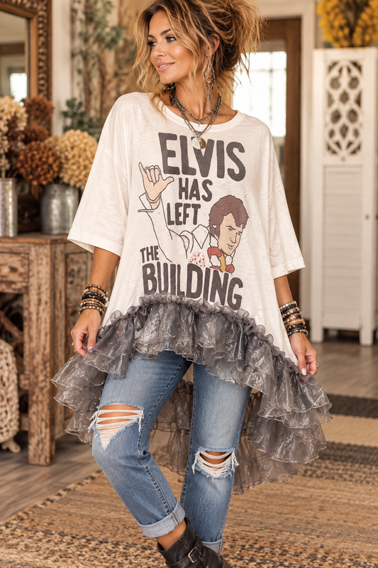 He’s Left The Building Hi/Lo Glam Tee One Size Fits a Small to XXL