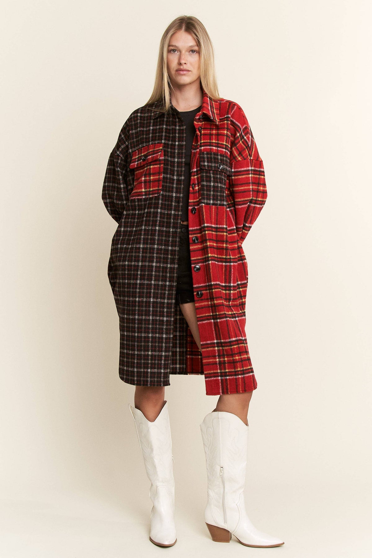 PLUS SIZE OPPOSITES ATTRACT FLANNEL JACKET: BLACK/RED / 1X/2XL