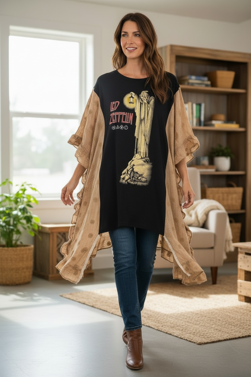 Zeppelin Upcycled Rockstar Fairytale Ruffled Kimono One Size Fits a Large to 3X Oversized!