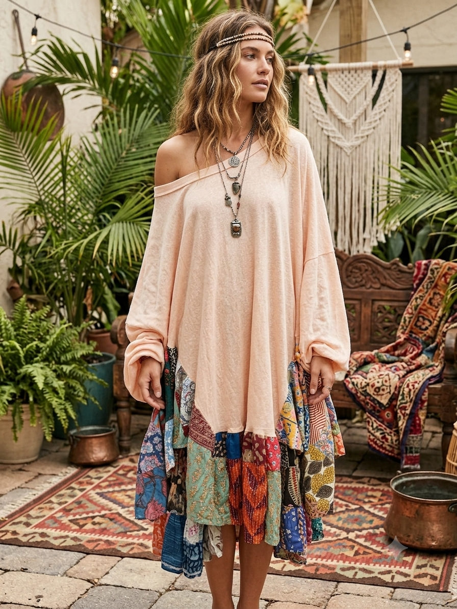 Peaches Upcycled Patchwork Circle Poncho One Size Fits Most Fits a Large to 3X