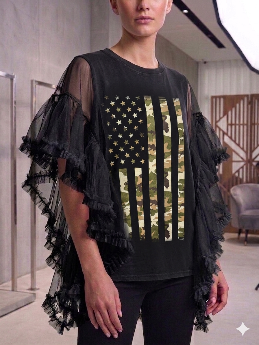 Camo Flag Upcycled Rockstar Poncho One Size Fits a Small to XL