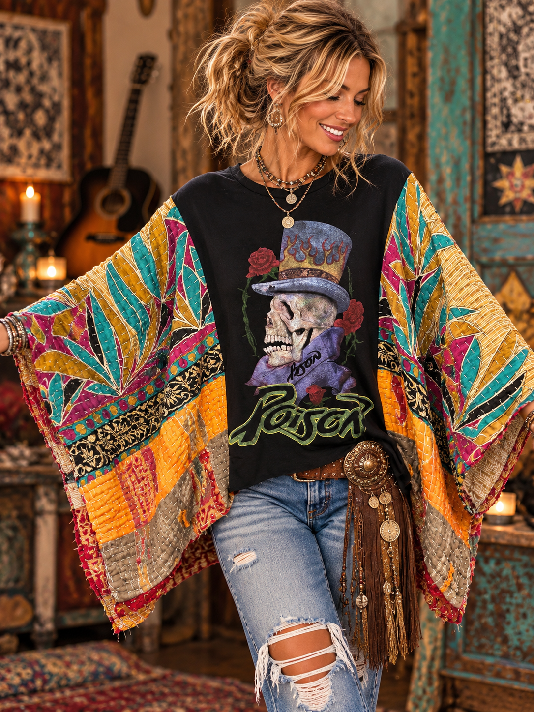 Talk Dirty Upcycled Vintage Kantha Quilt Poncho One Size Fits a Small to XXL CROPPED