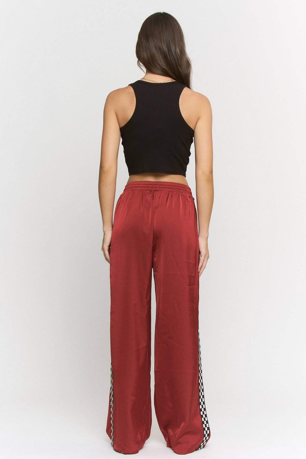PLUS SIZE SOLID SATIN SWEATPANTS WITH SIDE CHECKERBOARD TAPE: Black