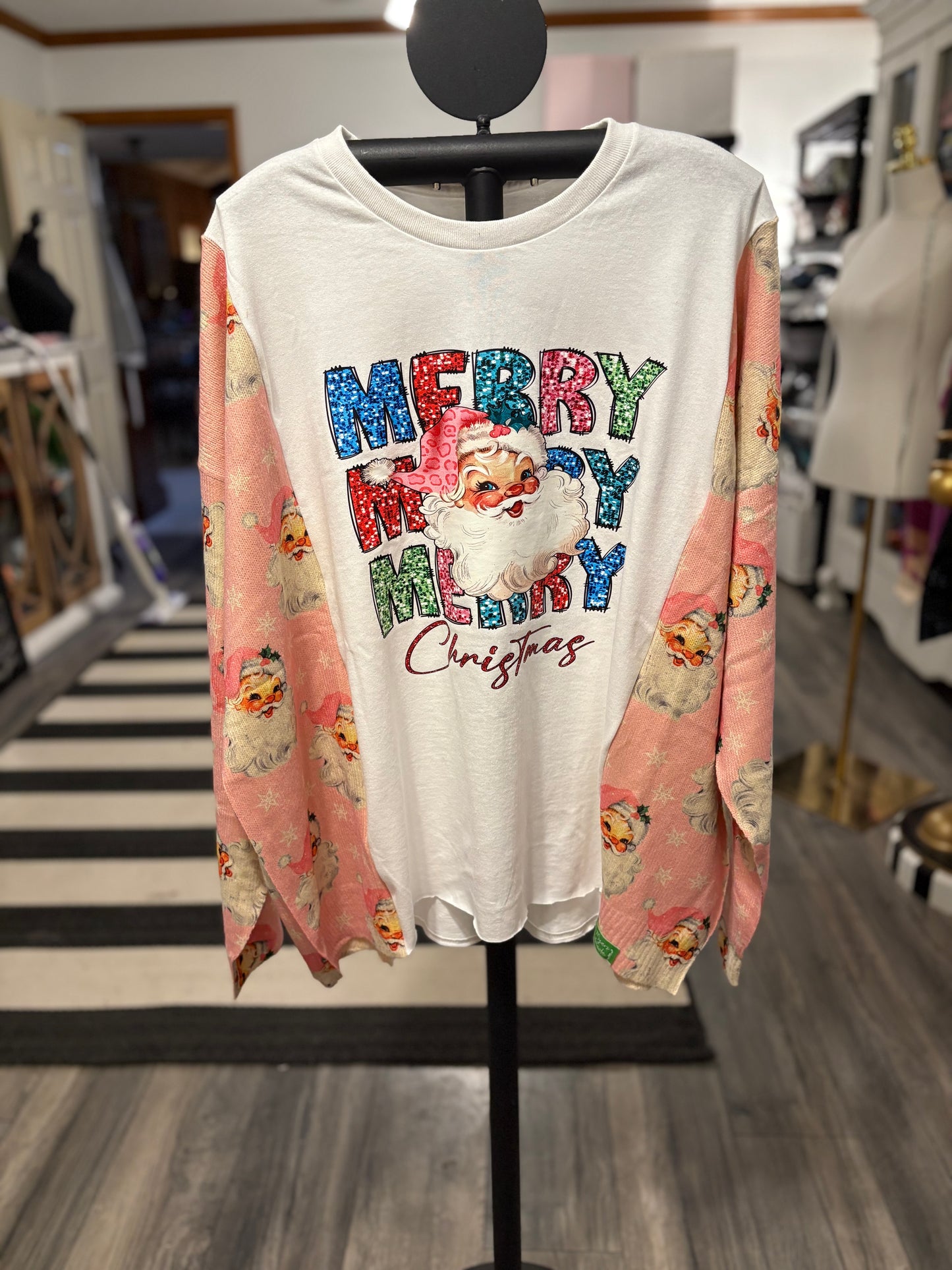 Merry Merry Merry Upcycled Drop Sleeve Tee Sweater One Size Fits a Small to XXL
