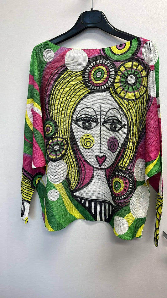 VI415 Pink "PICASSO" Round Neck Knit Printed Sweater