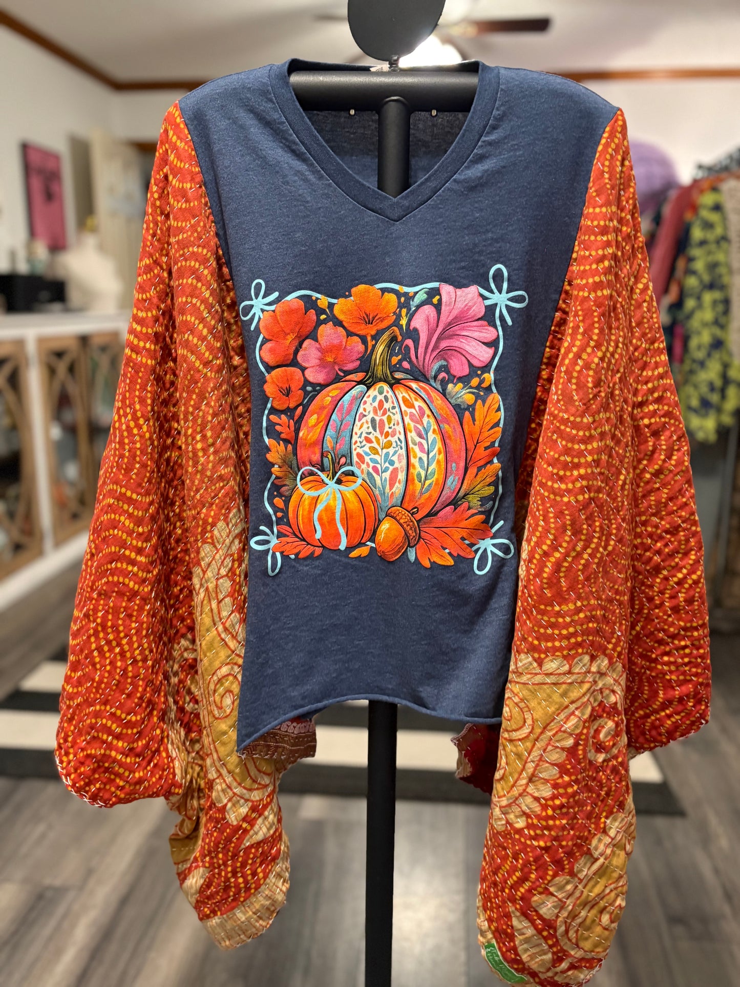 The Harvest Upcycled Vintage Kantha Poncho Tee Fits A Size Small to XXL