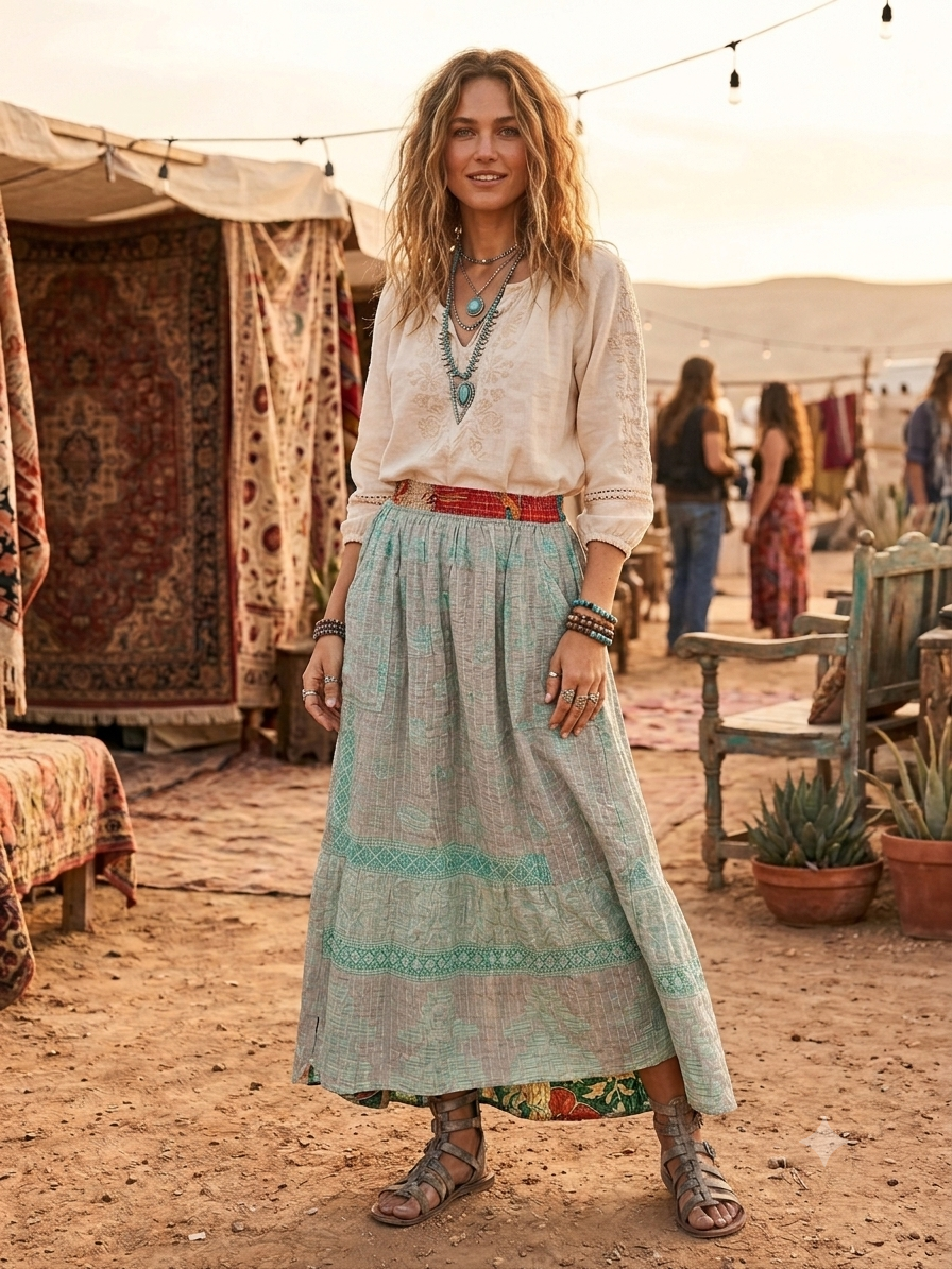 Kayla Women Vintage Kantha Quilt Cotton Reversible Skirt One Size Fits Size 4-16