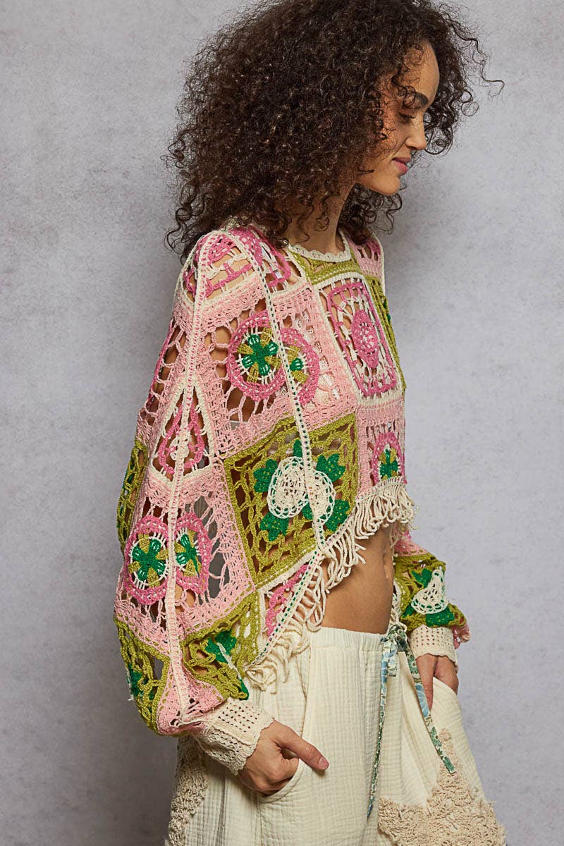 Round neck long sleeve crochet cropped fit top: PINK MULTI / OS
