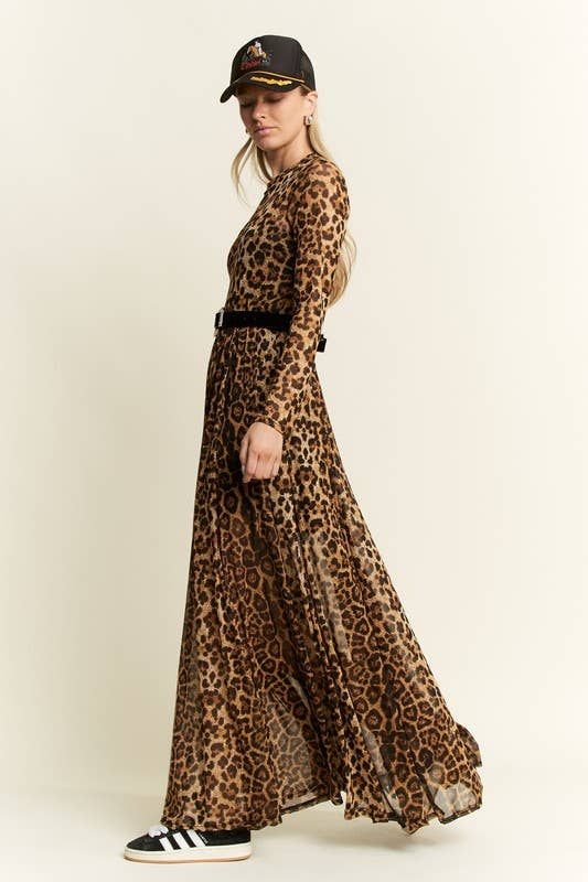 ANIMAL PRINT MESH MOCK DRESS: MOCHA BROWN