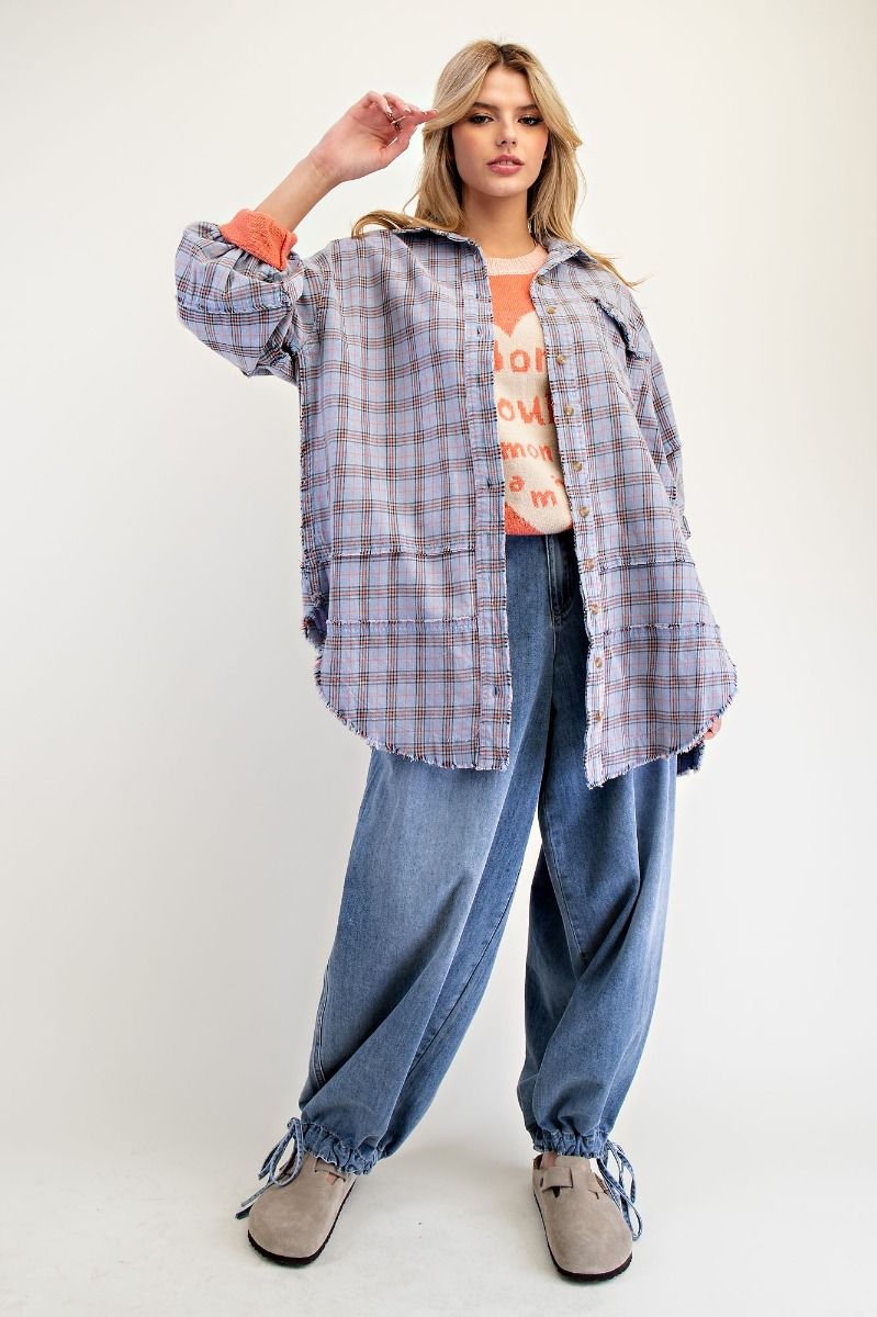 Blue Plaid Frayed Long Flannel Plus Size