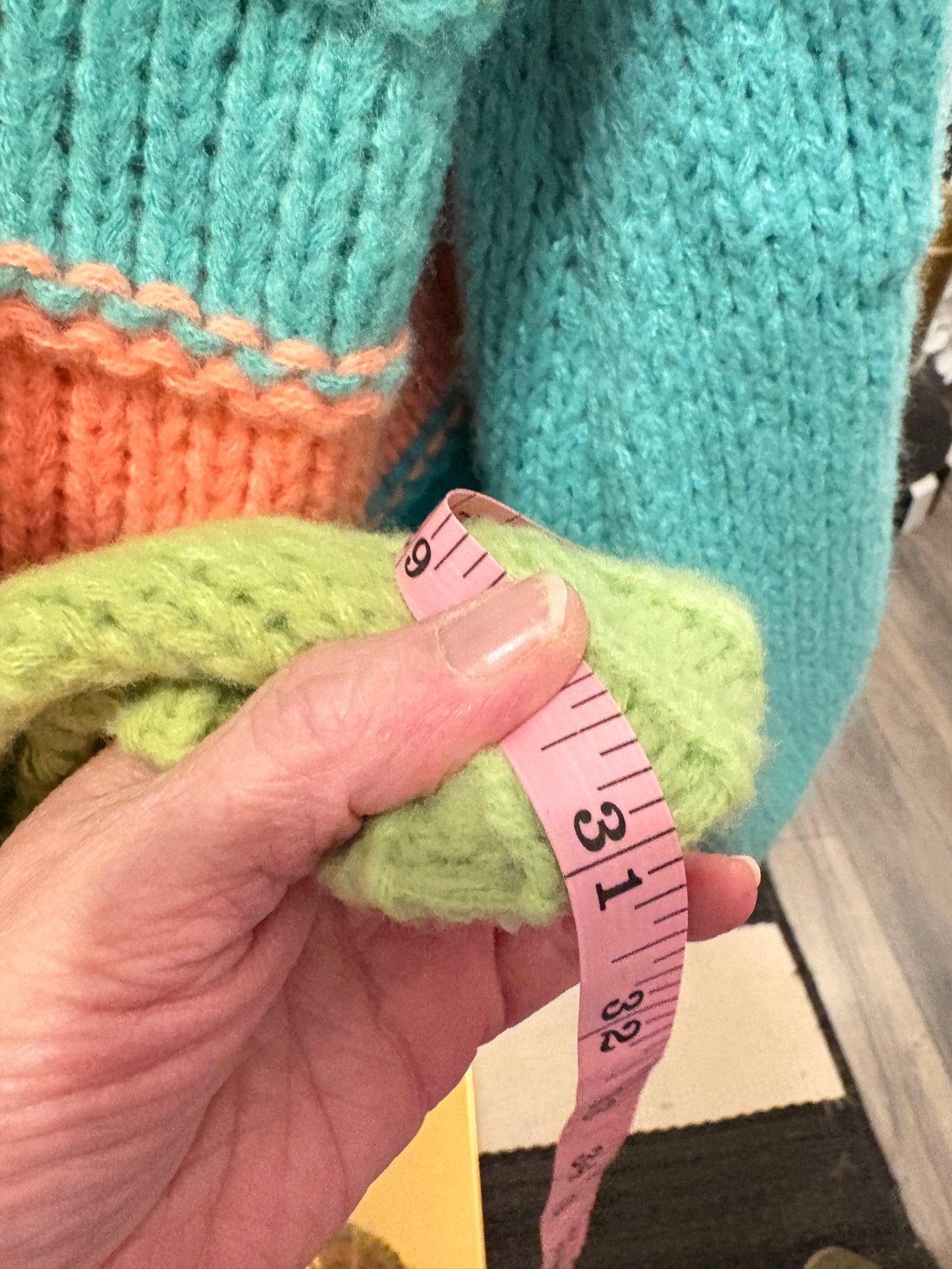 Teal Striped Pom Pom Sleeve Sweater