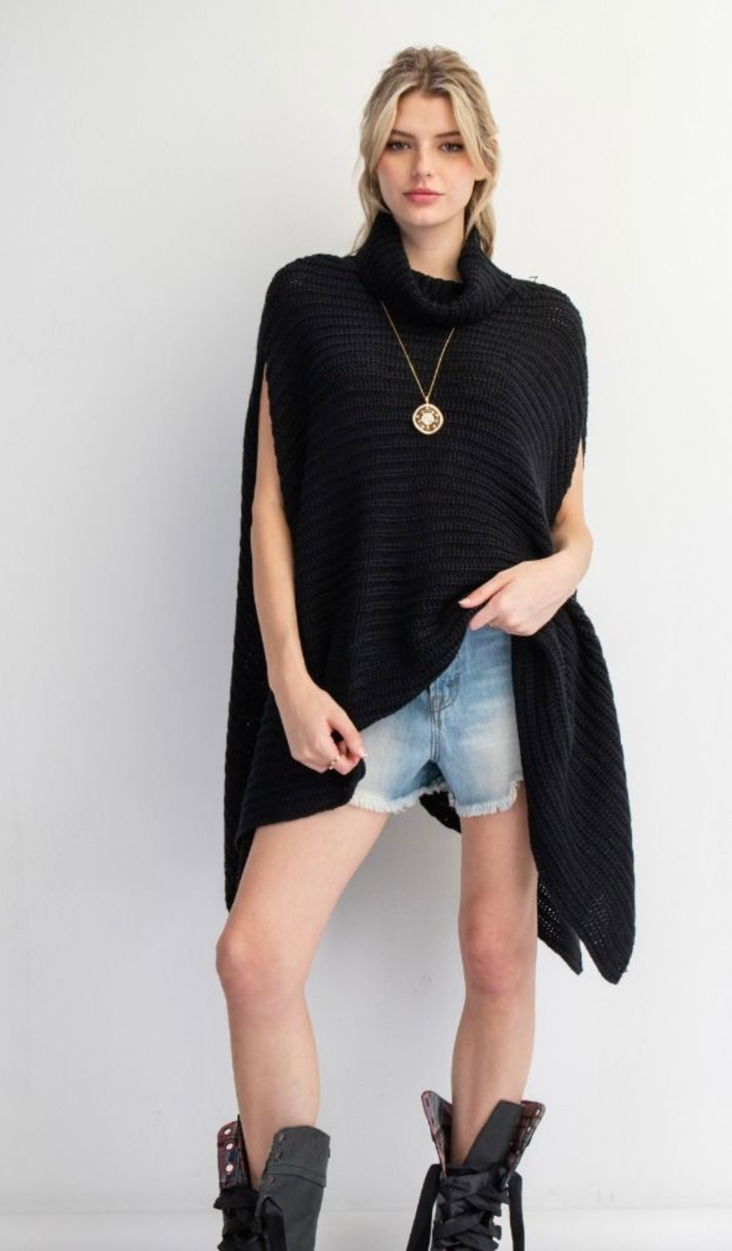 Black Knit Turtleneck Poncho