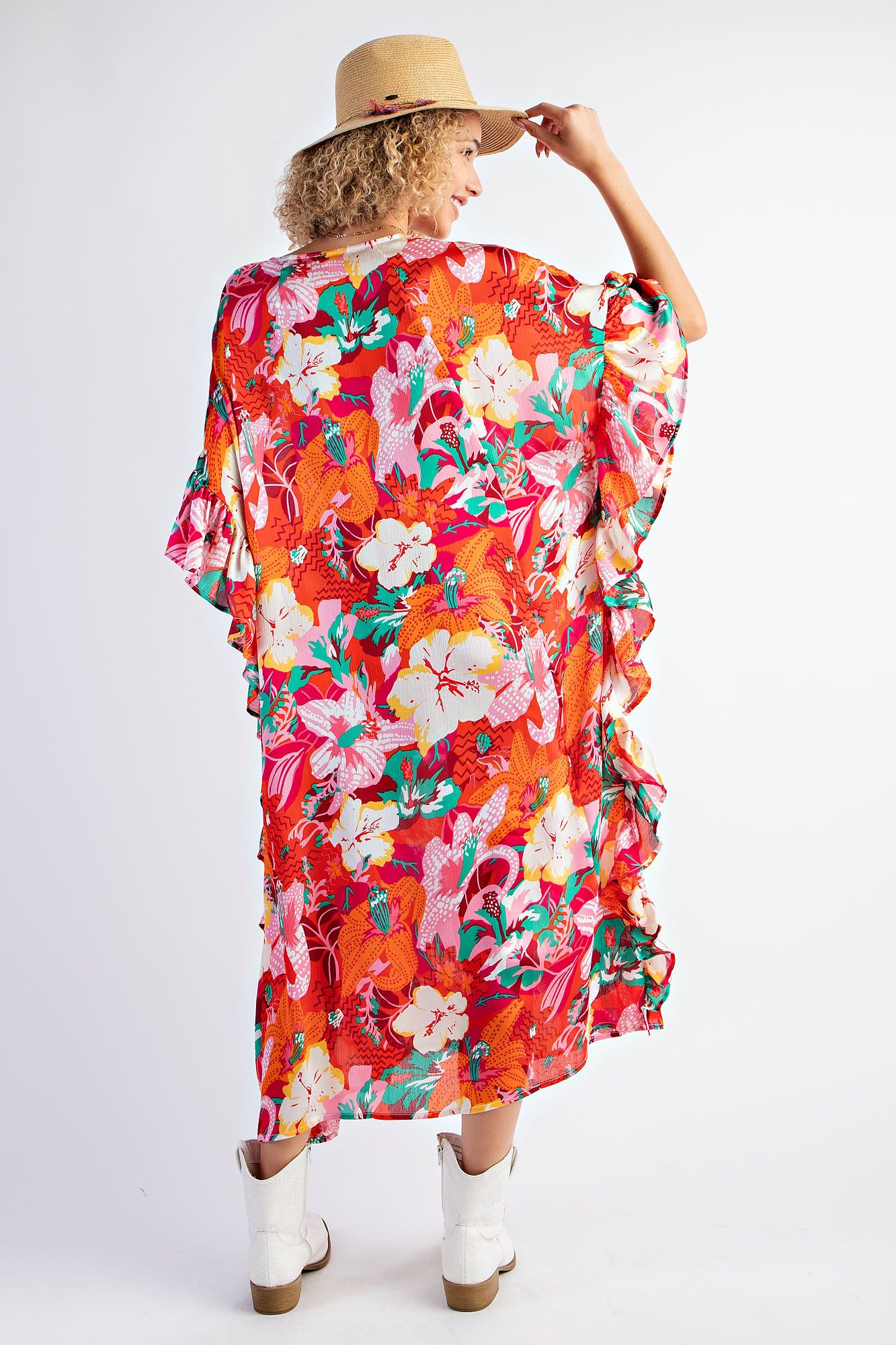 Tropical Orange Ruffle Midi Dress