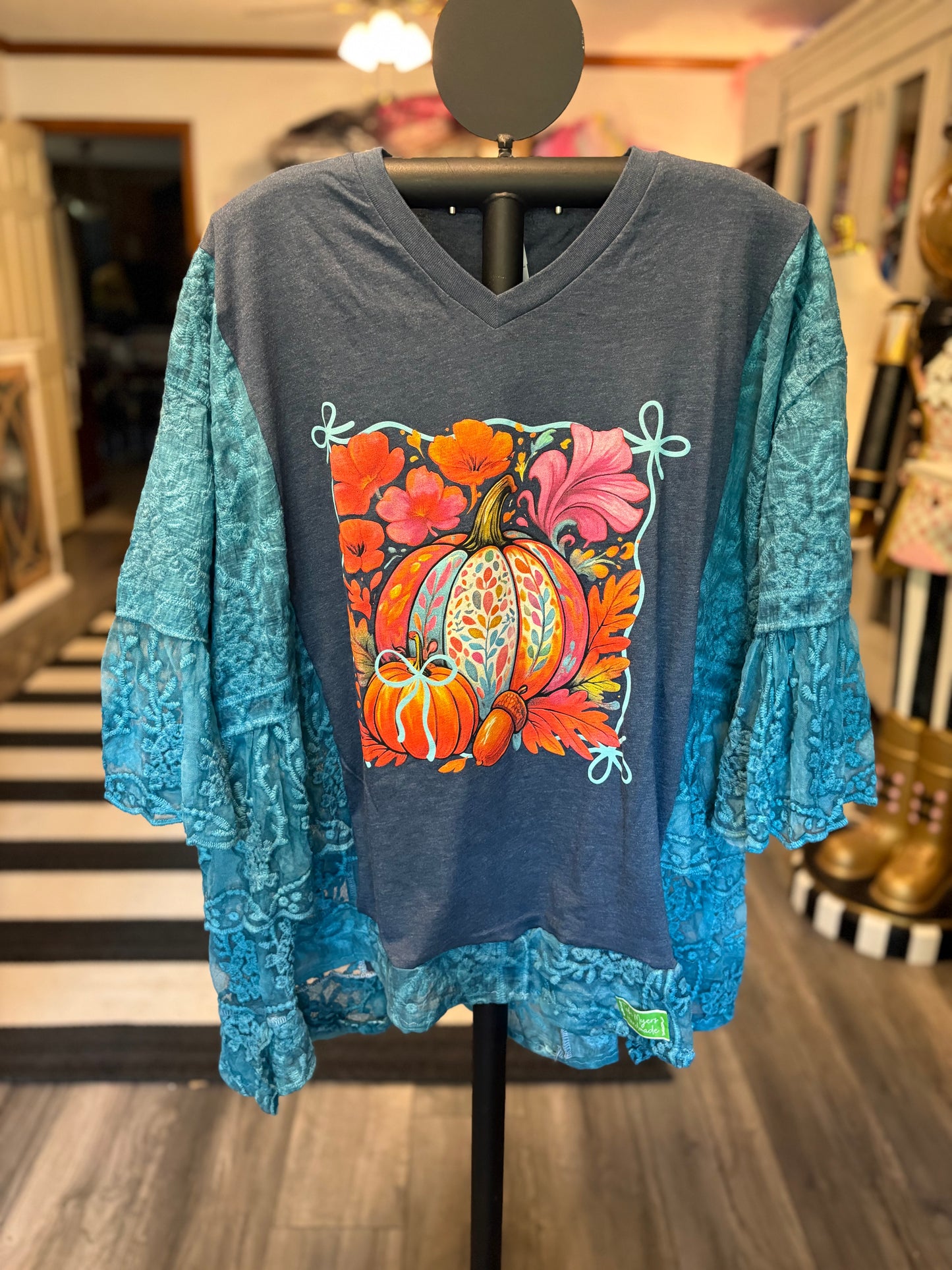 Lace Pumpkin Upcycled Drop-Sleeve Tee One Size Fits a Small to XXL
