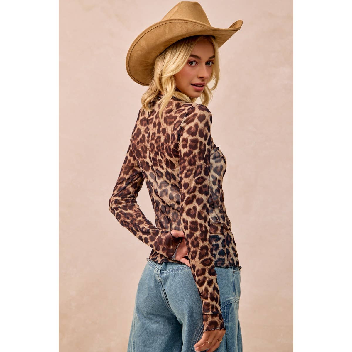 MESH LEOPARD PRINTED TOP WITH LONG SLEEVES: LEOPARD / S-XL