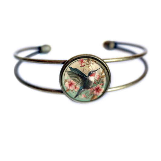 Hummingbird Art Nouveau Glass Cabochon Cuff Bracelet