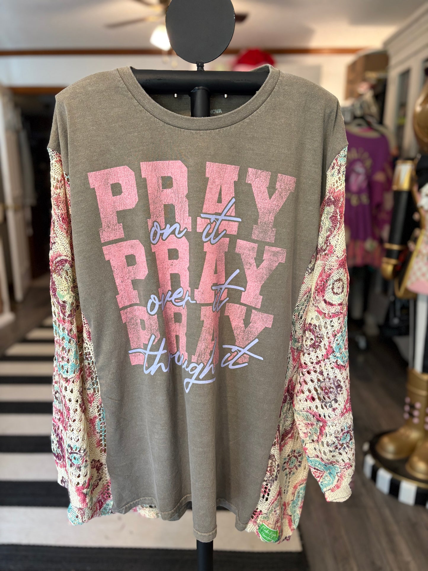 Pray Upcycled Drop-Sleeve Crochet Sweater One Size Fits a Small to 3X