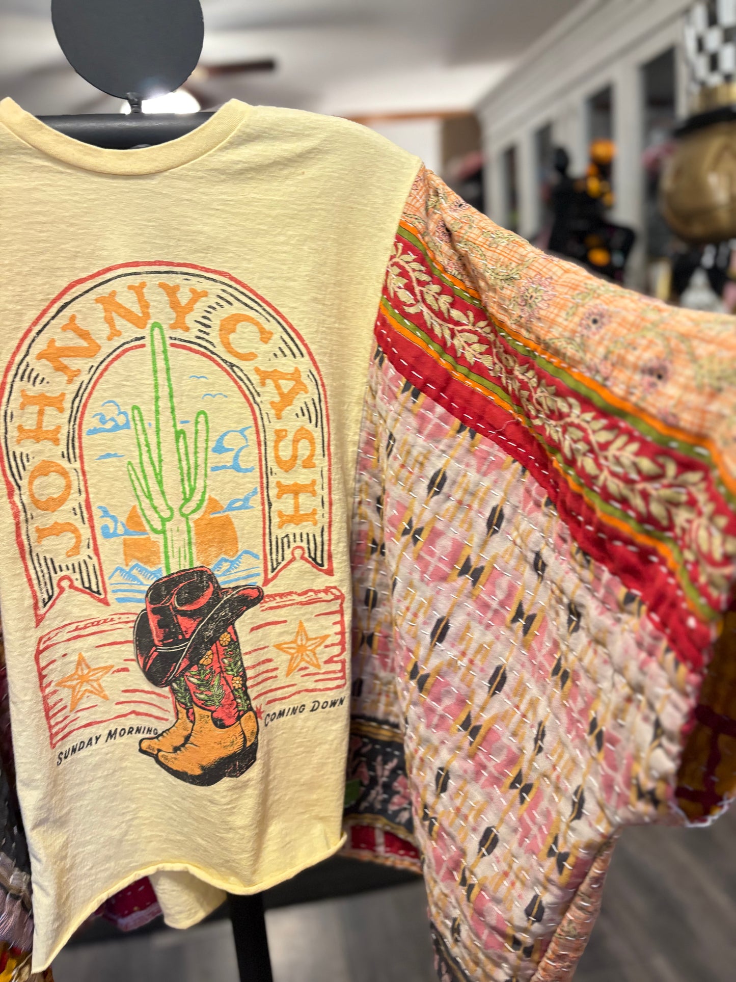 Johnny Cash Upcycled Vintage Kantha Poncho Tee Fits A Small to XXL