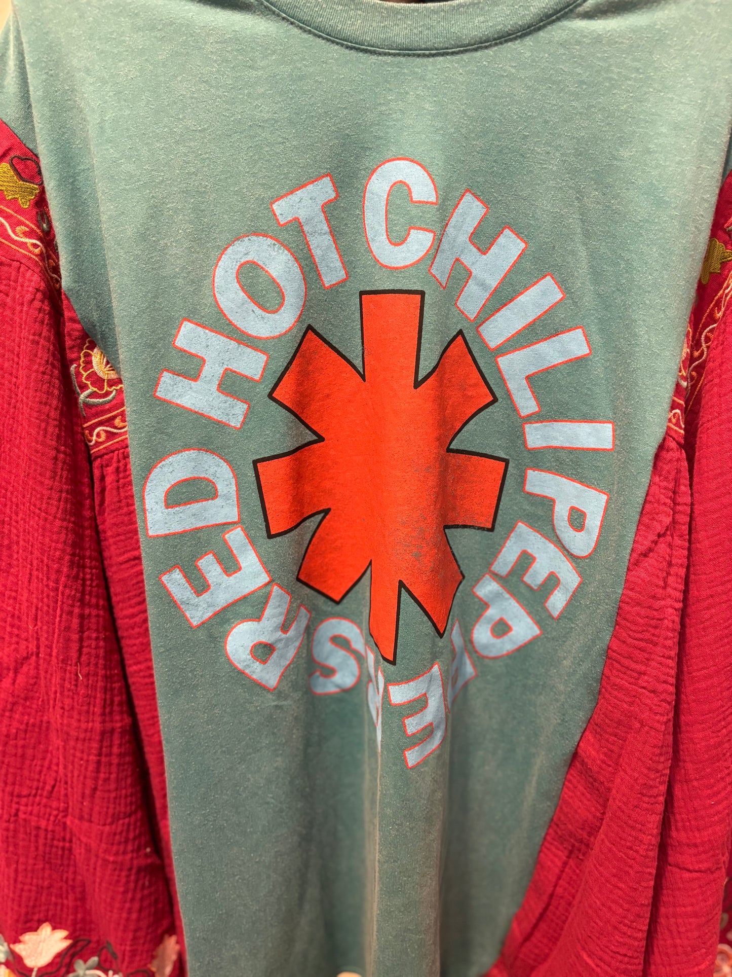 Red Hot Upcycled Drop Sleeve Embroidered Dolman Tee One Size Fits An XL to 4X Oversized