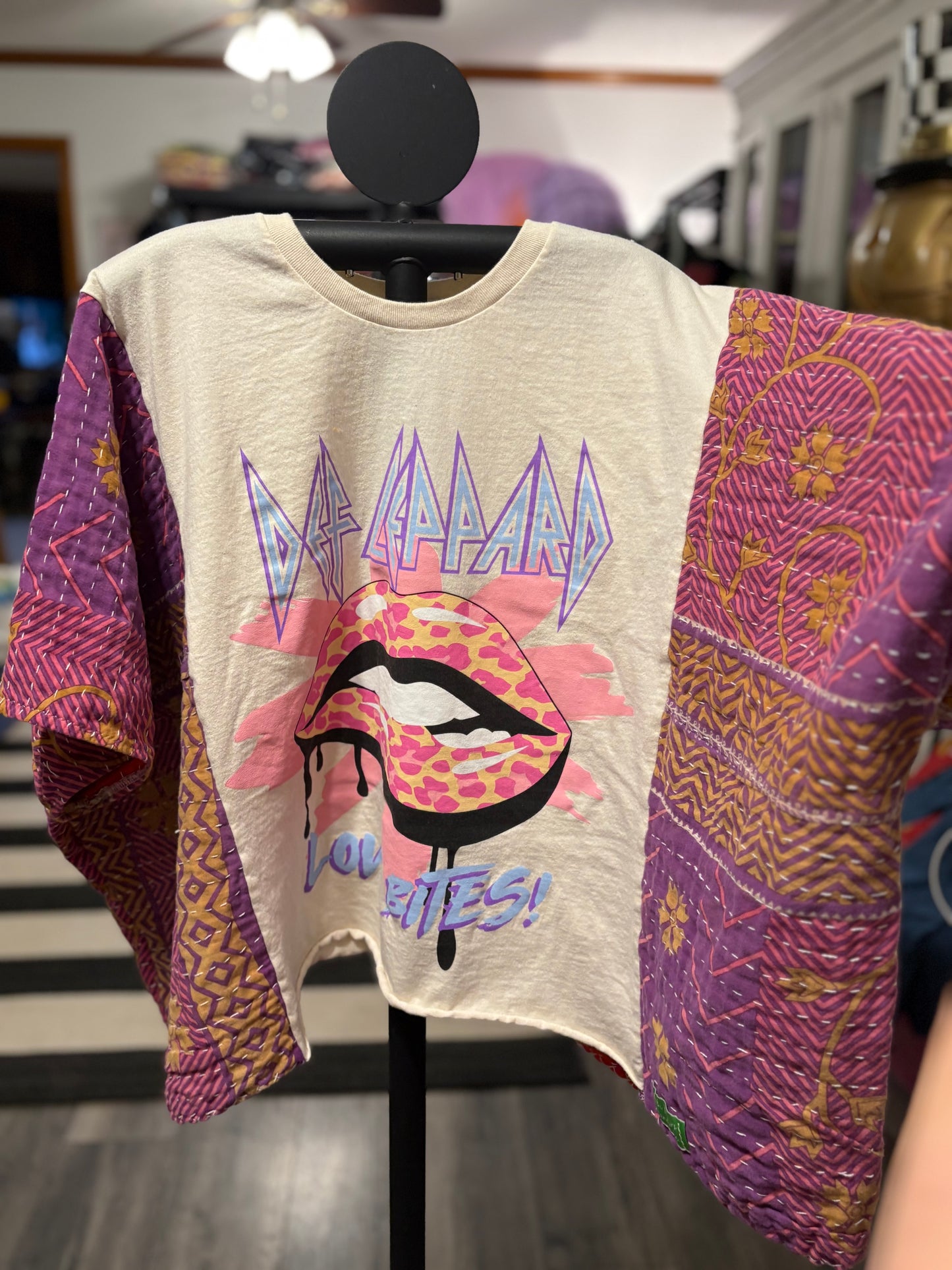 Def Leppard Upcycled Vintage Kantha Poncho Tee Fits A Size Small to XXL